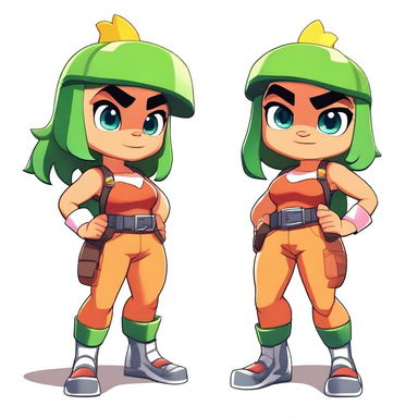 A dynamic and fierce female brawler named Ryan, themed around dinosaurs and food, designed for the game Brawl Stars