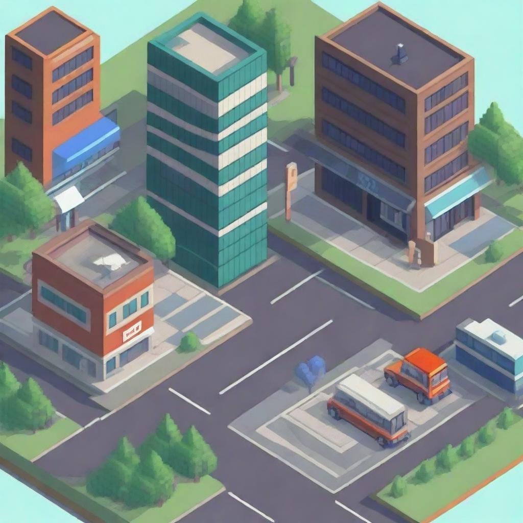 Create an isometric pixel art of an 8-bit city