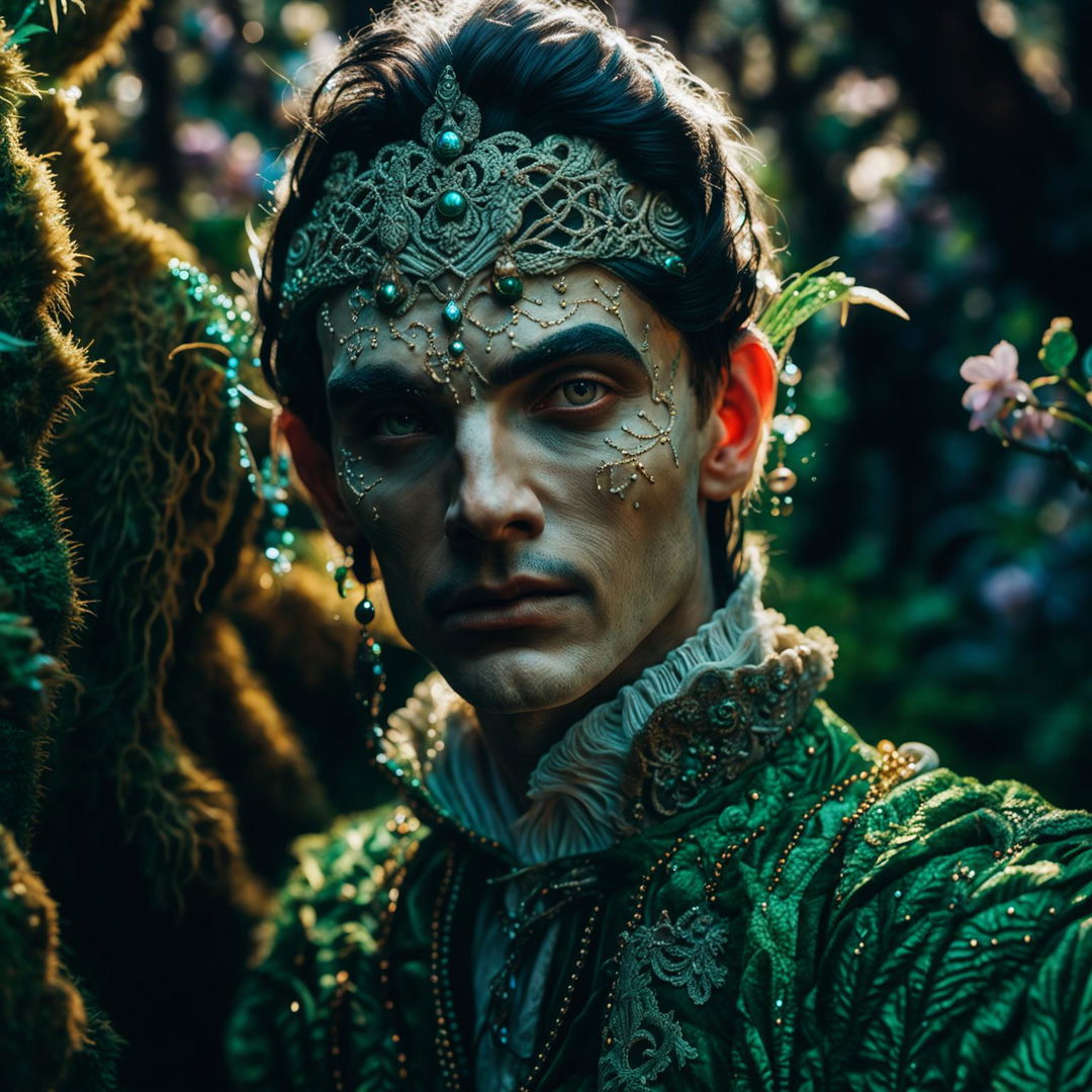 Hyper-realistic 3D rococo photograph of a different Russian elf man in a mystical forest, with an intense close-up of his intricately detailed face. The image is high definition, with immaculate composition and lighting, exuding fantasy and spirit vibes.