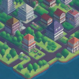 Create an isometric pixel art of an 8-bit city