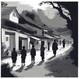 An illustration for a story titled 'KKN Berujung Petaka' featuring 10 university students, 6 males and 4 females, exploring a village filled with rules and mysteries