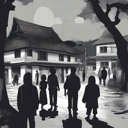 An illustration for a story titled 'KKN Berujung Petaka' featuring 10 university students, 6 males and 4 females, exploring a village filled with rules and mysteries