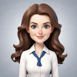 A cute, short, white female teacher with wavy long hair in high-definition cartoon style