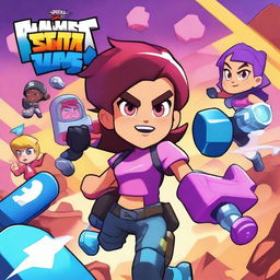 A dynamic and colorful scene featuring a girl named Justin from the Zeta Division in Brawl Stars