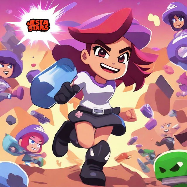 A dynamic and colorful scene featuring a girl named Justin from the Zeta Division in Brawl Stars