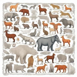 A white background featuring various creatures around the edges