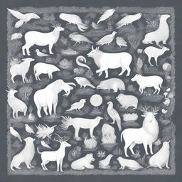 A white background featuring various creatures around the edges