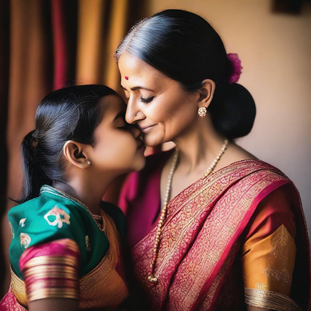 A warm and loving scene of an Indian mother gently kissing her daughter on the forehead