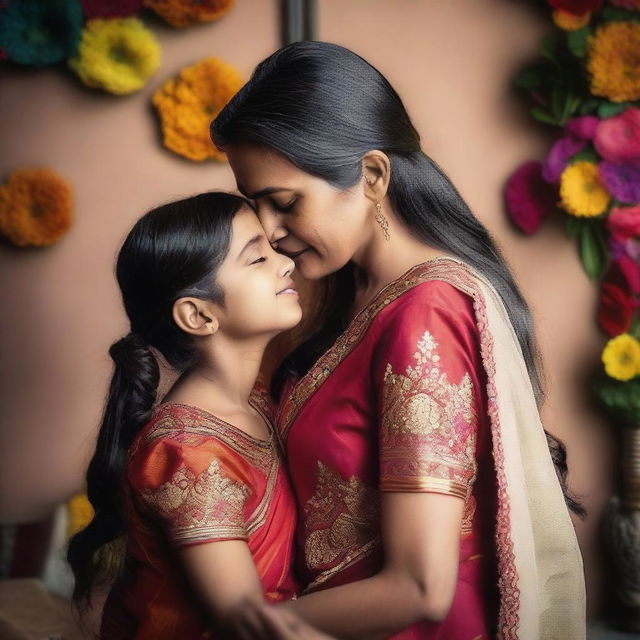 A warm and loving scene of an Indian mother gently kissing her daughter on the forehead