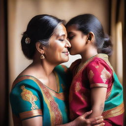 A warm and loving scene of an Indian mother gently kissing her daughter on the forehead