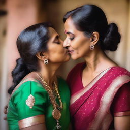 A warm and loving scene of an Indian mother gently kissing her daughter on the forehead