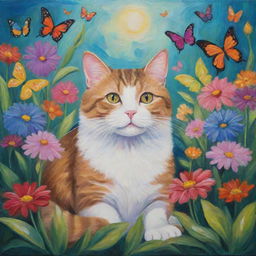 A whimsical painting of a cat lounging in a luscious garden, full of vibrant flowers and fluttering butterflies.