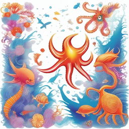 A white background featuring fantastic and vivid sea creatures along with intricate fractals around the edges