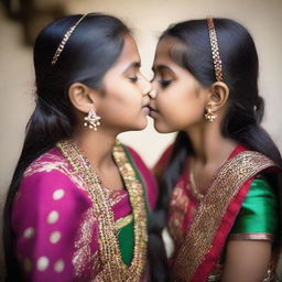 A touching and affectionate moment of an Indian sister gently kissing her younger sister, who is ten years younger, on the cheek