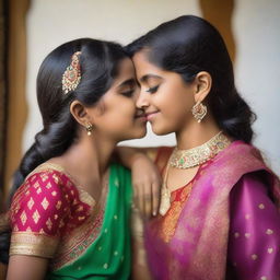 A touching and affectionate moment of an Indian sister gently kissing her younger sister, who is ten years younger, on the cheek