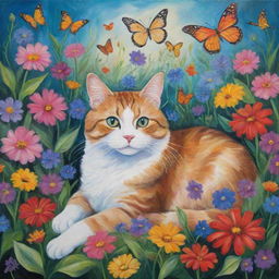 A whimsical painting of a cat lounging in a luscious garden, full of vibrant flowers and fluttering butterflies.