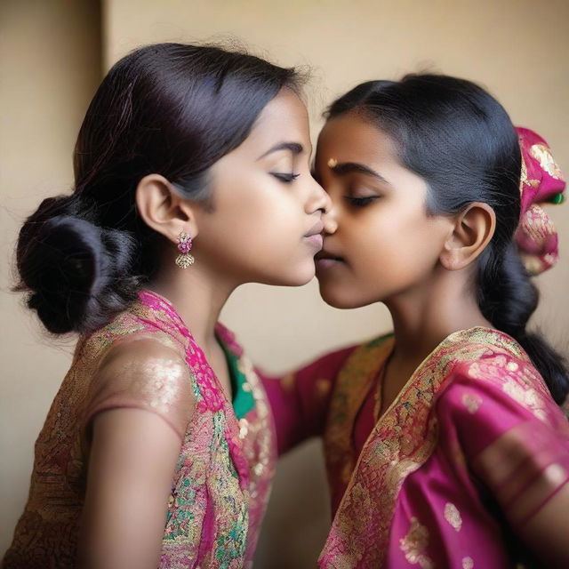 A touching and affectionate moment of an Indian sister gently kissing her younger sister, who is ten years younger, on the cheek