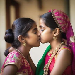 A touching and affectionate moment of an Indian sister gently kissing her younger sister, who is ten years younger, on the cheek