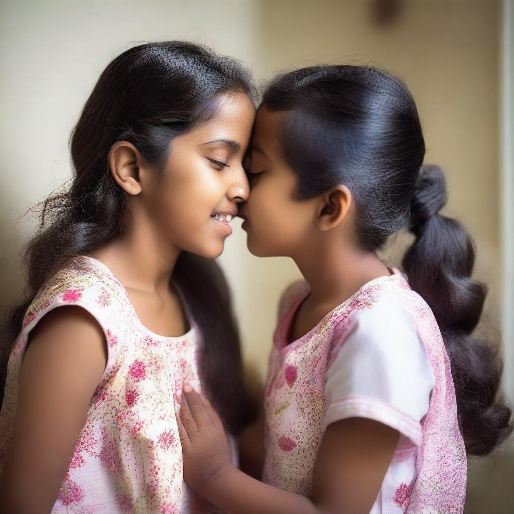 A touching and affectionate moment of an Indian sister gently kissing her younger sister, who is ten years younger, on the cheek in a bathroom setting