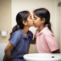 A touching and affectionate moment of an Indian sister gently kissing her younger sister, who is ten years younger, on the cheek in a bathroom setting