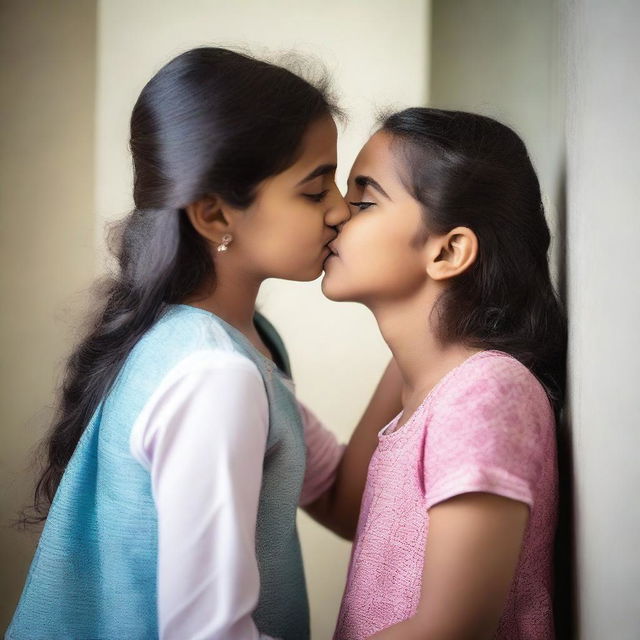 A touching and affectionate moment of an Indian sister gently kissing her younger sister, who is ten years younger, on the cheek in a bathroom setting