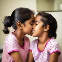 A touching and affectionate moment of an Indian sister gently kissing her younger sister, who is ten years younger, on the cheek in a bathroom setting