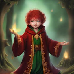 Create an image of a Halfling Sorcerer dressed in red and gold robes