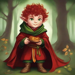 Create an image of a Halfling Sorcerer dressed in red and gold robes