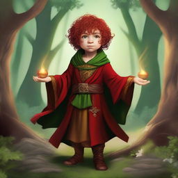 Create an image of a Halfling Sorcerer dressed in red and gold robes