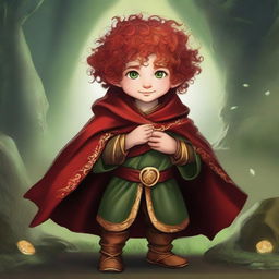 Create an image of a Halfling Sorcerer dressed in red and gold robes