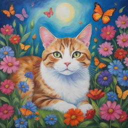 A whimsical painting of a cat lounging in a luscious garden, full of vibrant flowers and fluttering butterflies.