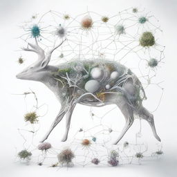 A white background featuring deep neural networks and living creatures around the edges