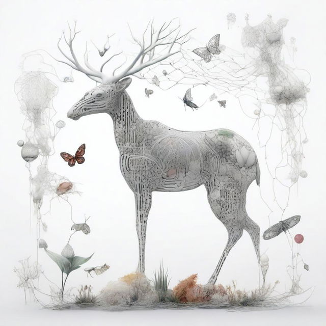 A white background featuring deep neural networks and living creatures around the edges