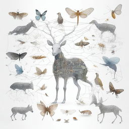 A white background featuring deep neural networks and living creatures around the edges