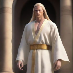 A human male standing at 6 feet tall and weighing 200 pounds, with golden colored hair and eyes