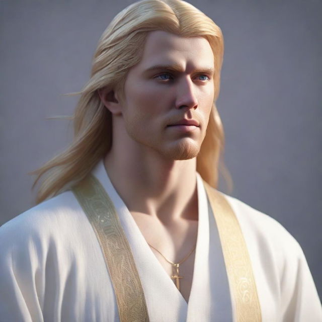 A human male standing at 6 feet tall and weighing 200 pounds, with golden colored hair and eyes