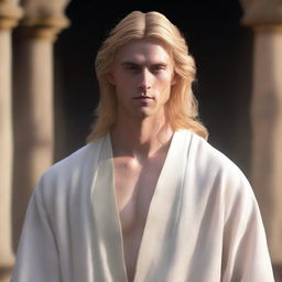 A human male standing at 6 feet tall and weighing 200 pounds, with golden colored hair and eyes