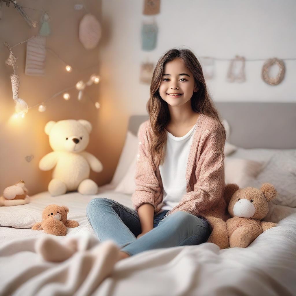 A young girl sitting on a bed in a cozy, well-lit bedroom