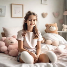 A young girl sitting on a bed in a cozy, well-lit bedroom