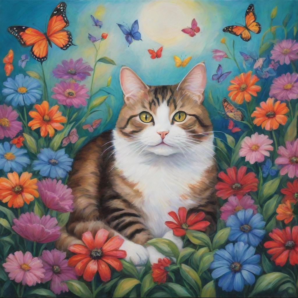 A whimsical painting of a cat lounging in a luscious garden, full of vibrant flowers and fluttering butterflies.