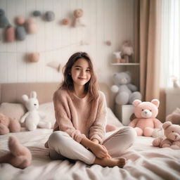 A young girl sitting on a bed in a cozy, well-lit bedroom