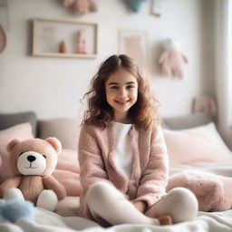 A young girl sitting on a bed in a cozy, well-lit bedroom