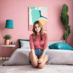 A teenage girl sitting on a bed in a stylish bedroom