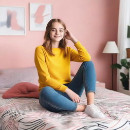 A teenage girl sitting on a bed in a stylish bedroom