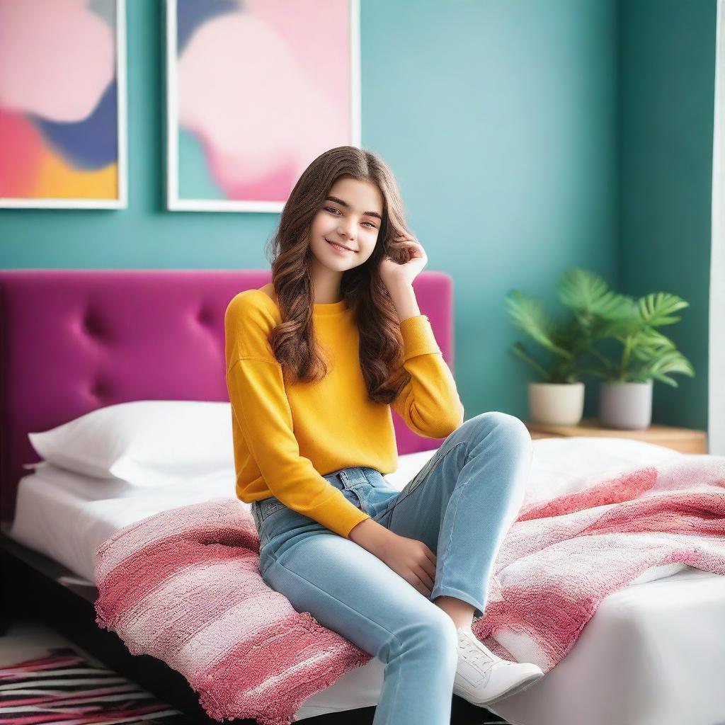 A teenage girl sitting on a bed in a stylish bedroom