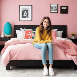 A teenage girl sitting on a bed in a stylish bedroom