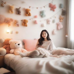 A young girl lying on a bed in a cozy, well-decorated bedroom