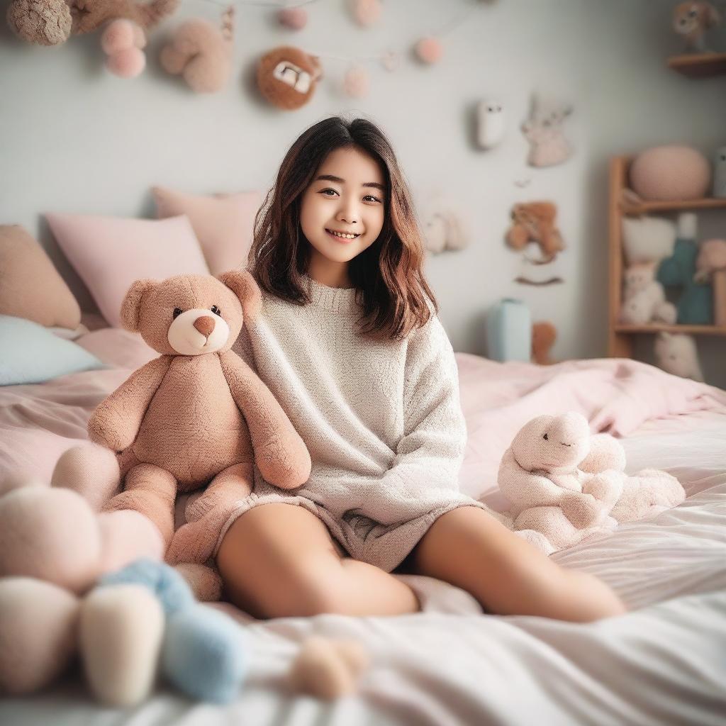 A young girl lying on a bed in a cozy, well-decorated bedroom