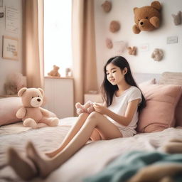 A young girl lying on a bed in a cozy, well-decorated bedroom