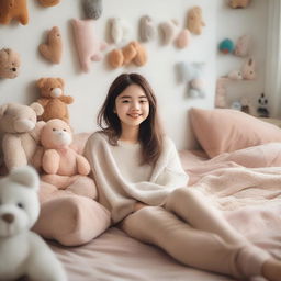 A young girl lying on a bed in a cozy, well-decorated bedroom